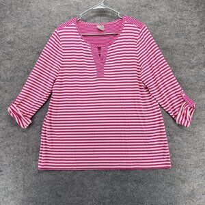 Chicos Shirt Womens Large 3/4 Sleeve Pink Striped